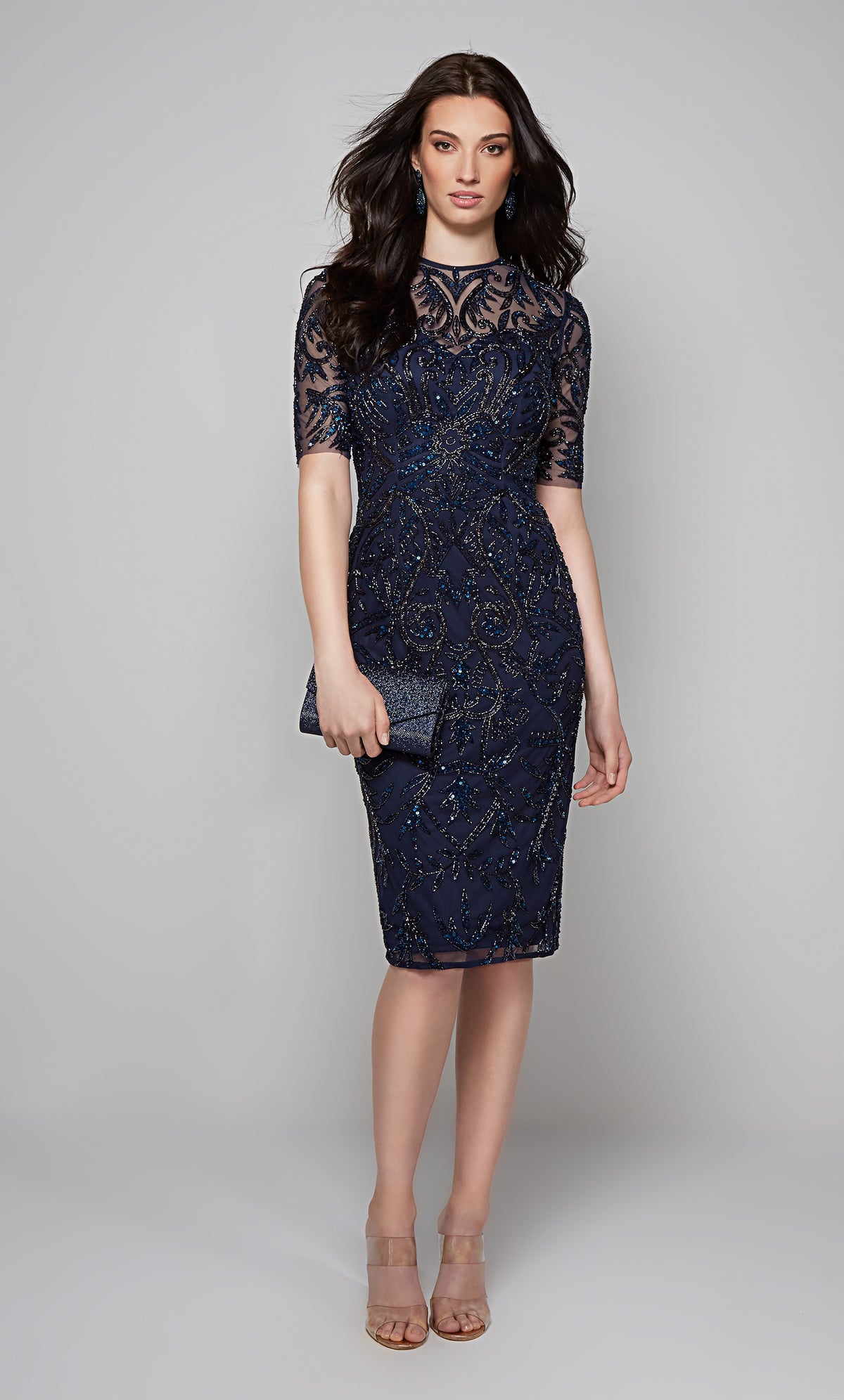 Short beaded mother of the bride dress with short sleeves in midnight blue.