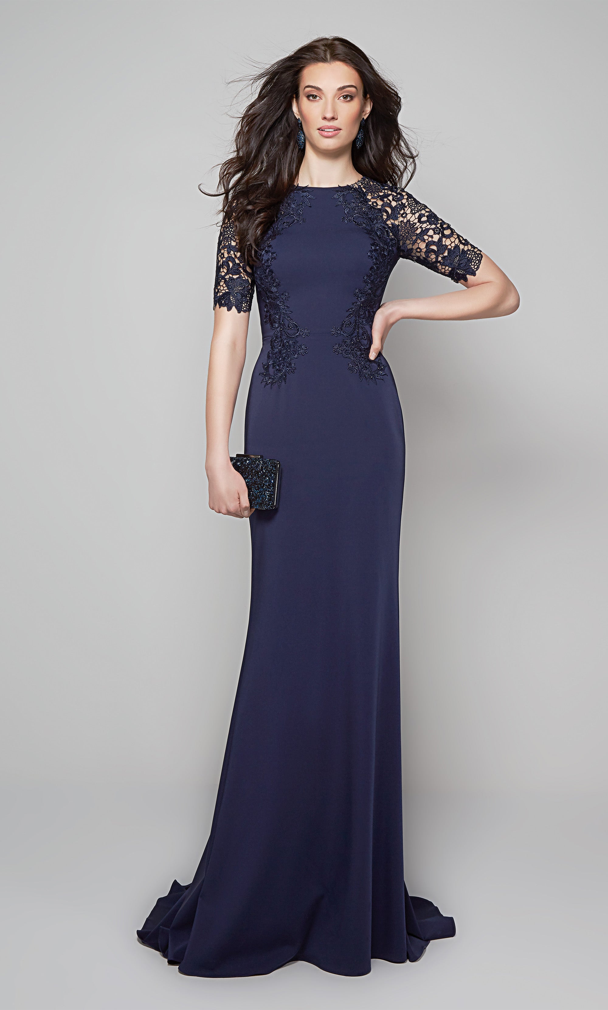 Fit and flare formal gown with lace detail and short sleeves in midnight blue. Color-SWATCH_27585__MIDNIGHT
