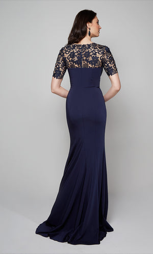 Fit and flare formal gown with lace detail, short sleeves, and train in midnight blue.