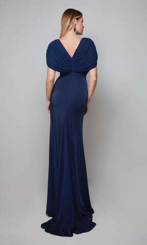 Stretch crepe formal dress with a draped top and train in midnight blue.