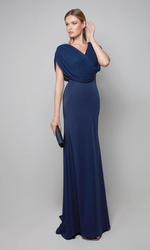 Elegant evening dress with a draped top in midnight blue.