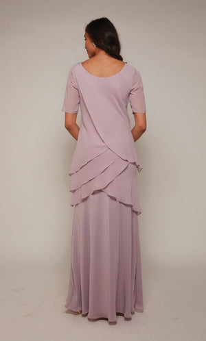Chiffon mother of the bride dress with an closed back, side zipper, and short sleeves in cashmere rose.