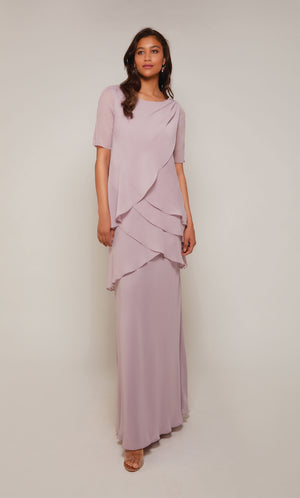 Tiered flowy chiffon wedding guest dress with short sleeves in cashmere rose.