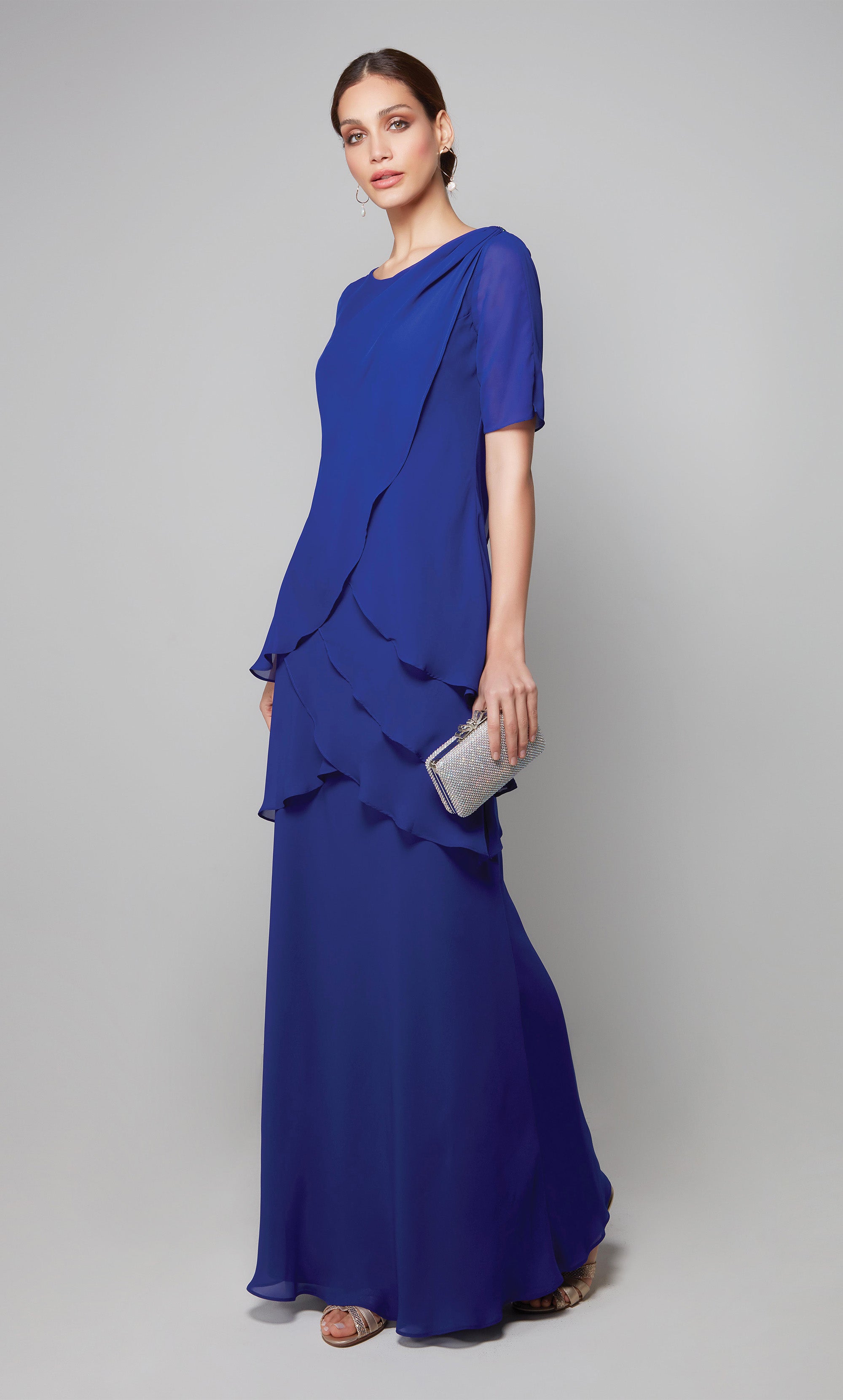 Chiffon elegant guest of wedding dress with short sleeves in cobalt blue. Color-SWATCH_27593__COBALT