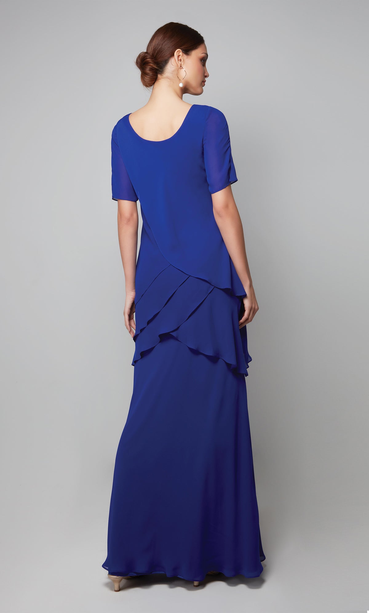 Chiffon elegant guest of wedding dress with a closed back and short sleeves in cobalt blue.