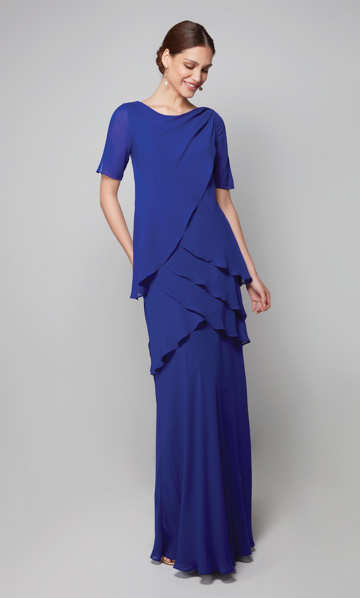 Chiffon modest mother of the bride dress with short sleeves in cobalt blue.