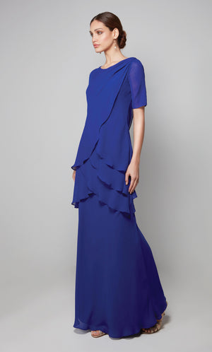Chiffon mother of the bride dress with short sleeves in cobalt blue.