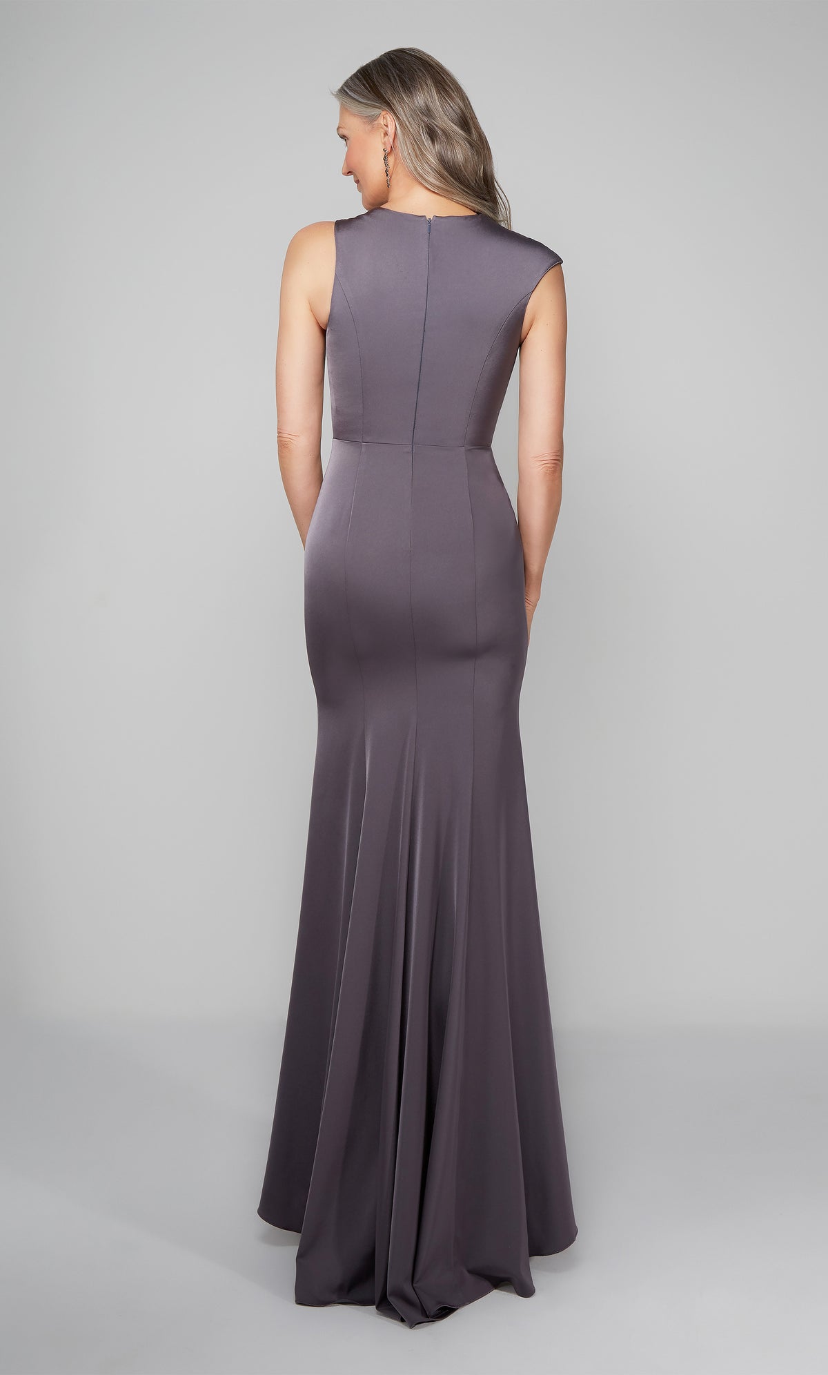 Simple mother of the bride dress with a close back in graphite color.