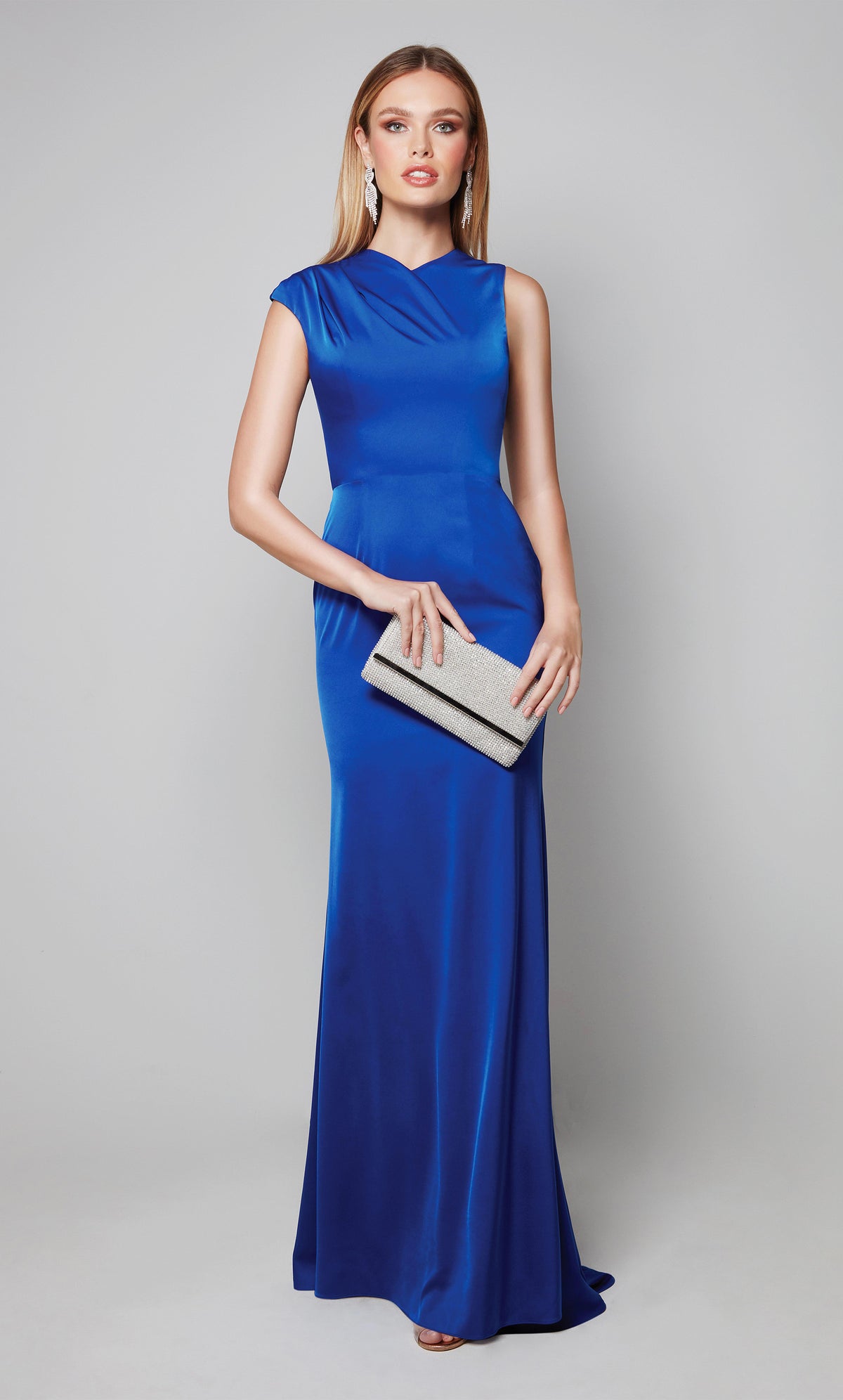 Simple mother of the bride dress with ruching detail on bodice in royal blue. Color-SWATCH_27598__ROYAL