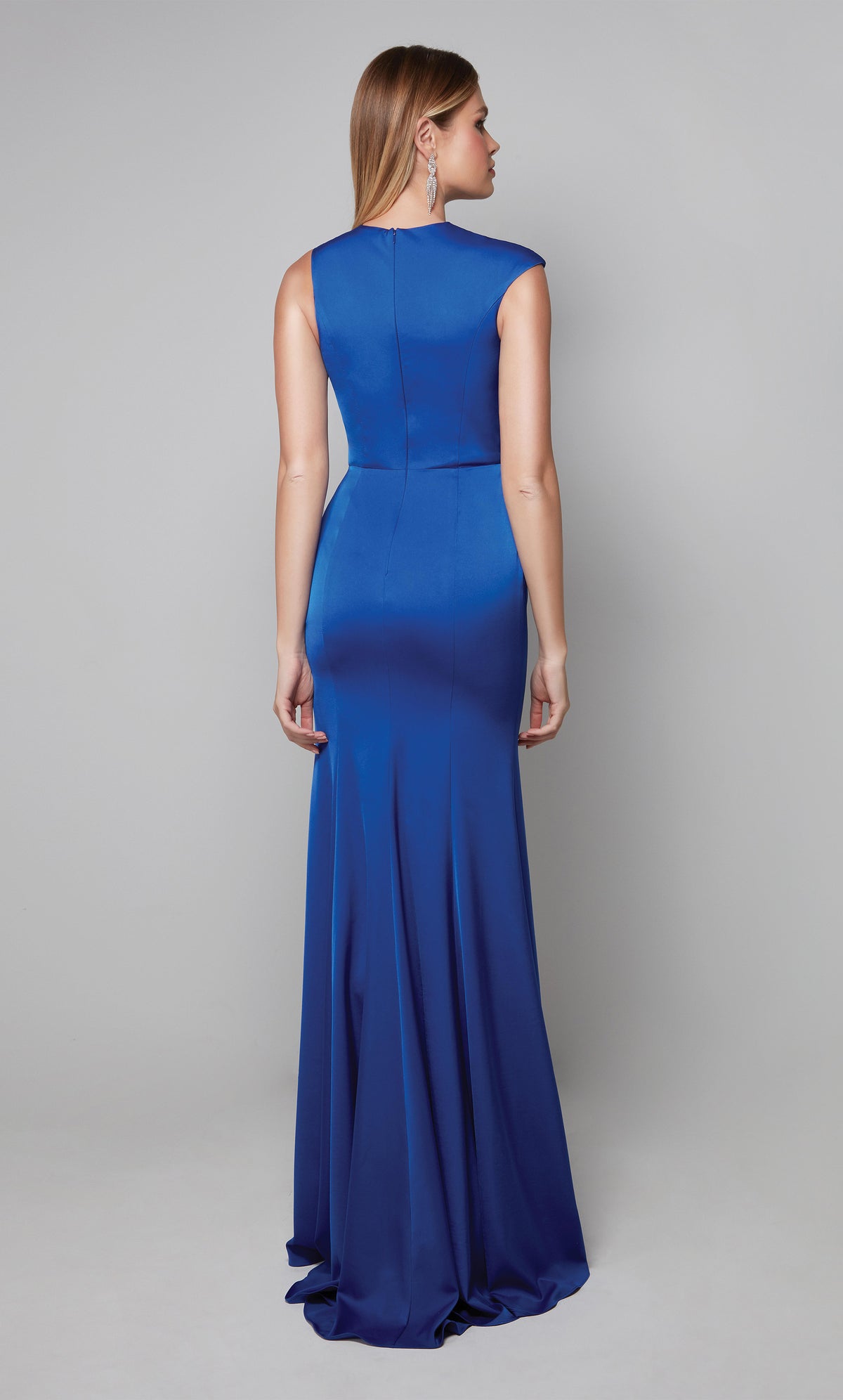 Simple mother of the bride dress with a close back in royal blue.