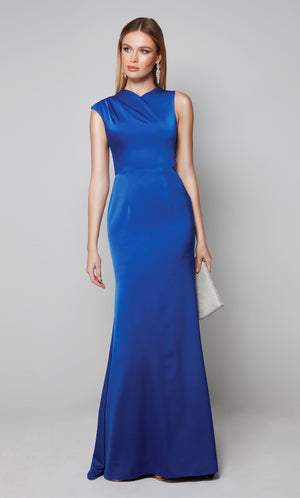 Sleeveless formal dress with ruching detail on bodice in royal blue.
