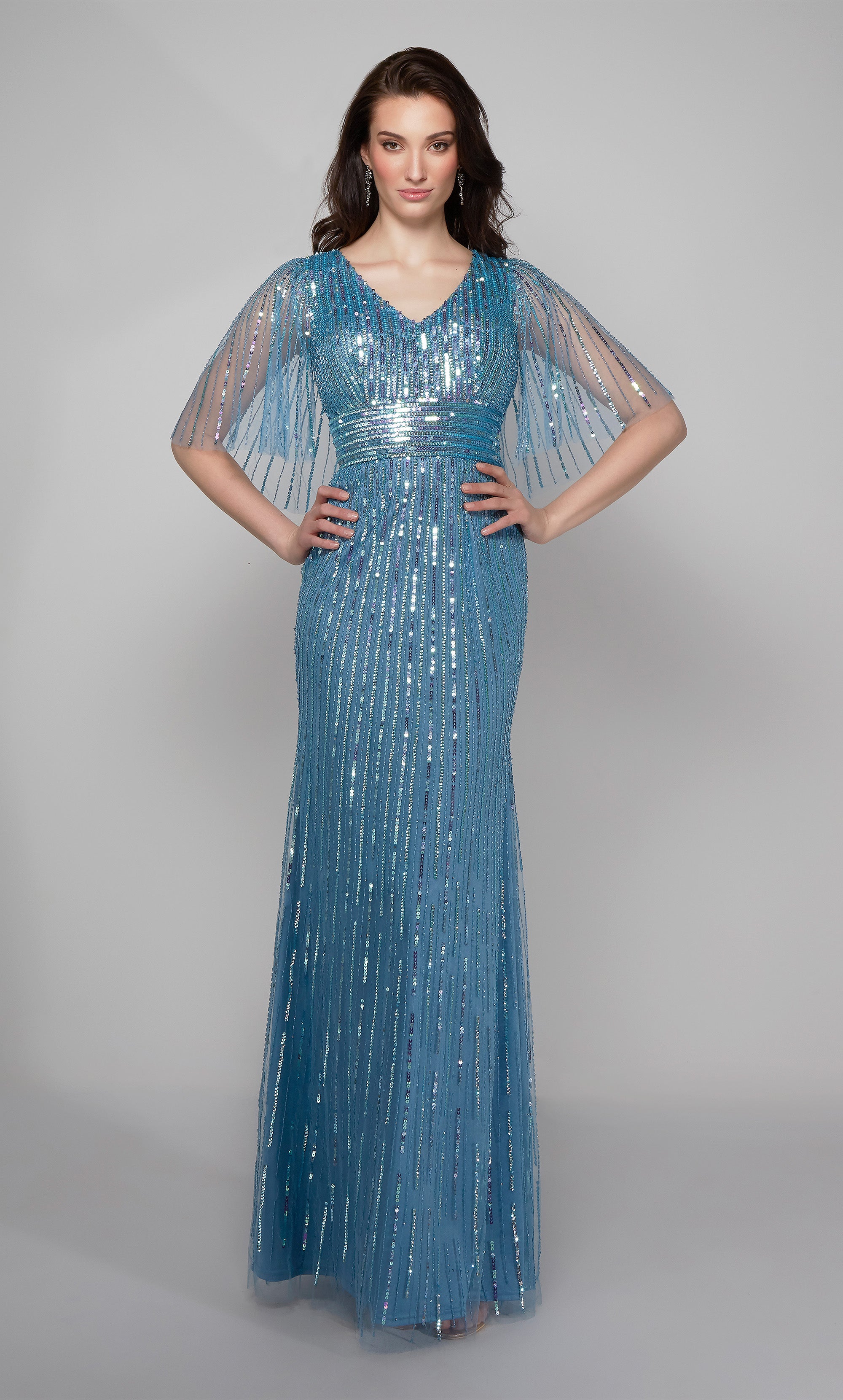 Jovani 23891 Peacock Embellished Long Cape Evening Gown