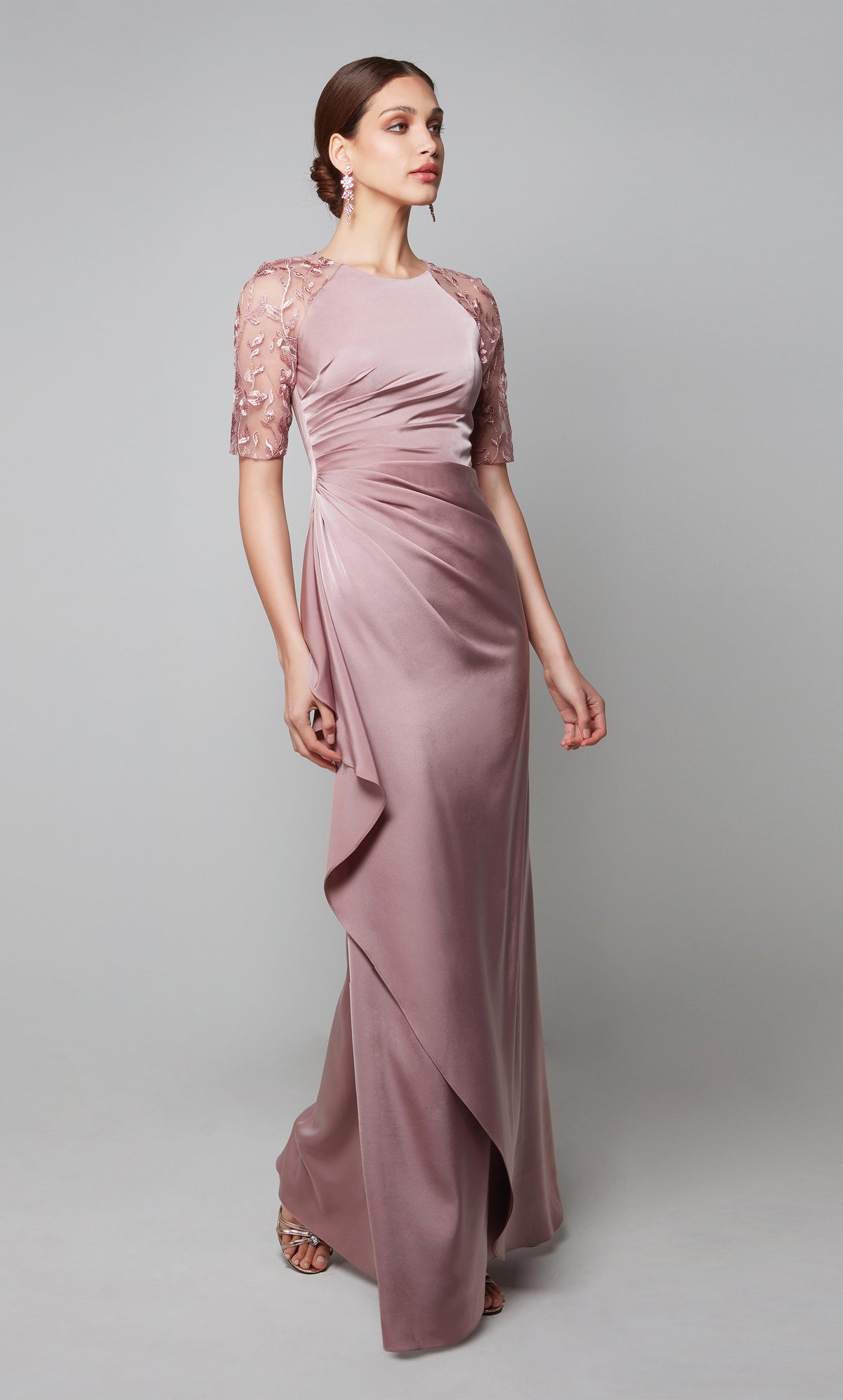 Ruched ruffle dress with a high neck and sheer lace sleeves in light pink. Color-SWATCH_27601__HEATHER