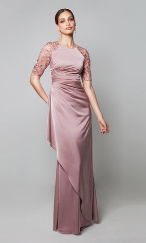Mother of the bride ruffle dress with a high neck and sheer lace sleeves in light pink.