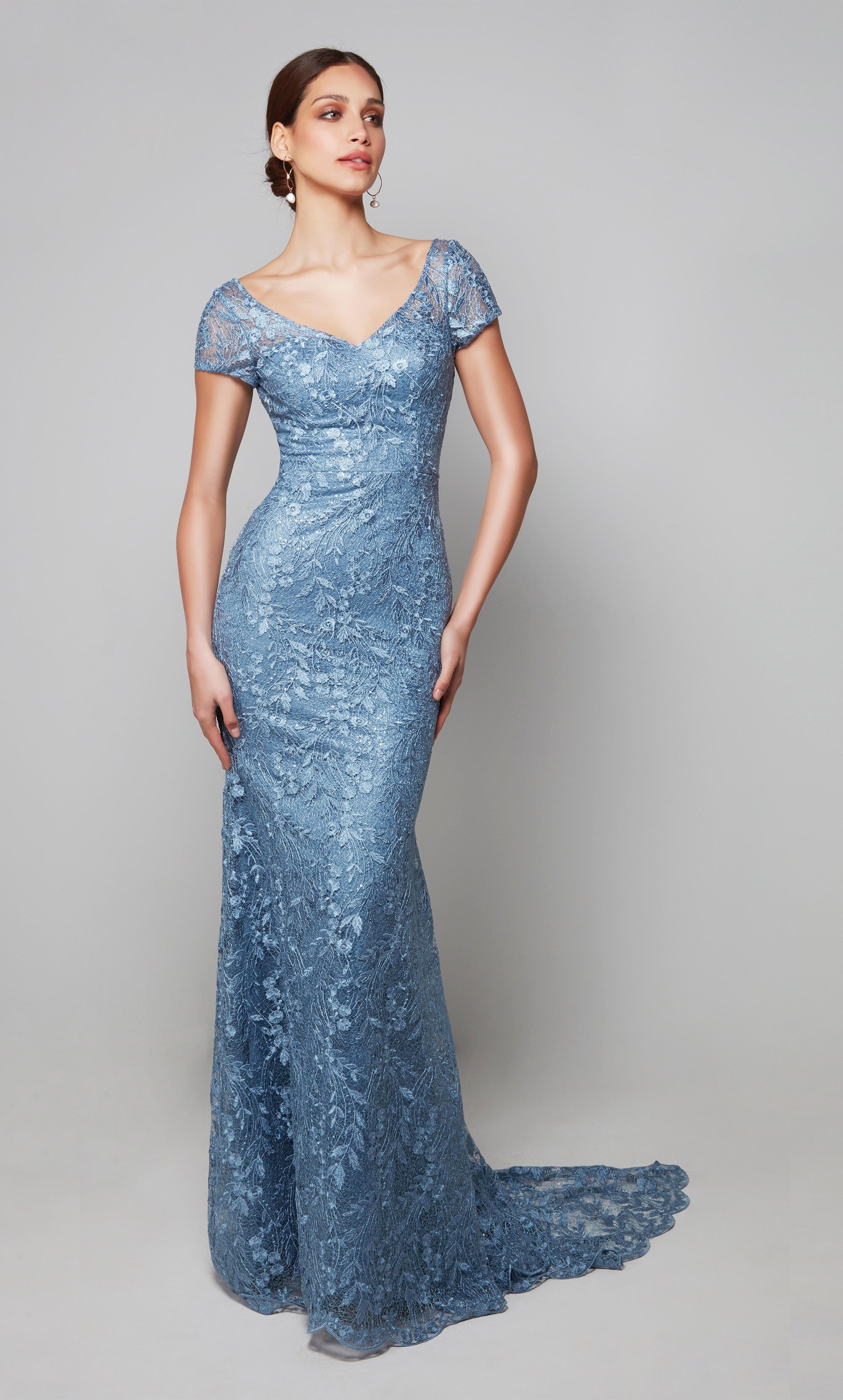 Lace formal dress with short sleeves and a V neckline in light blue. Color-SWATCH_27602__FRENCH-BLUE