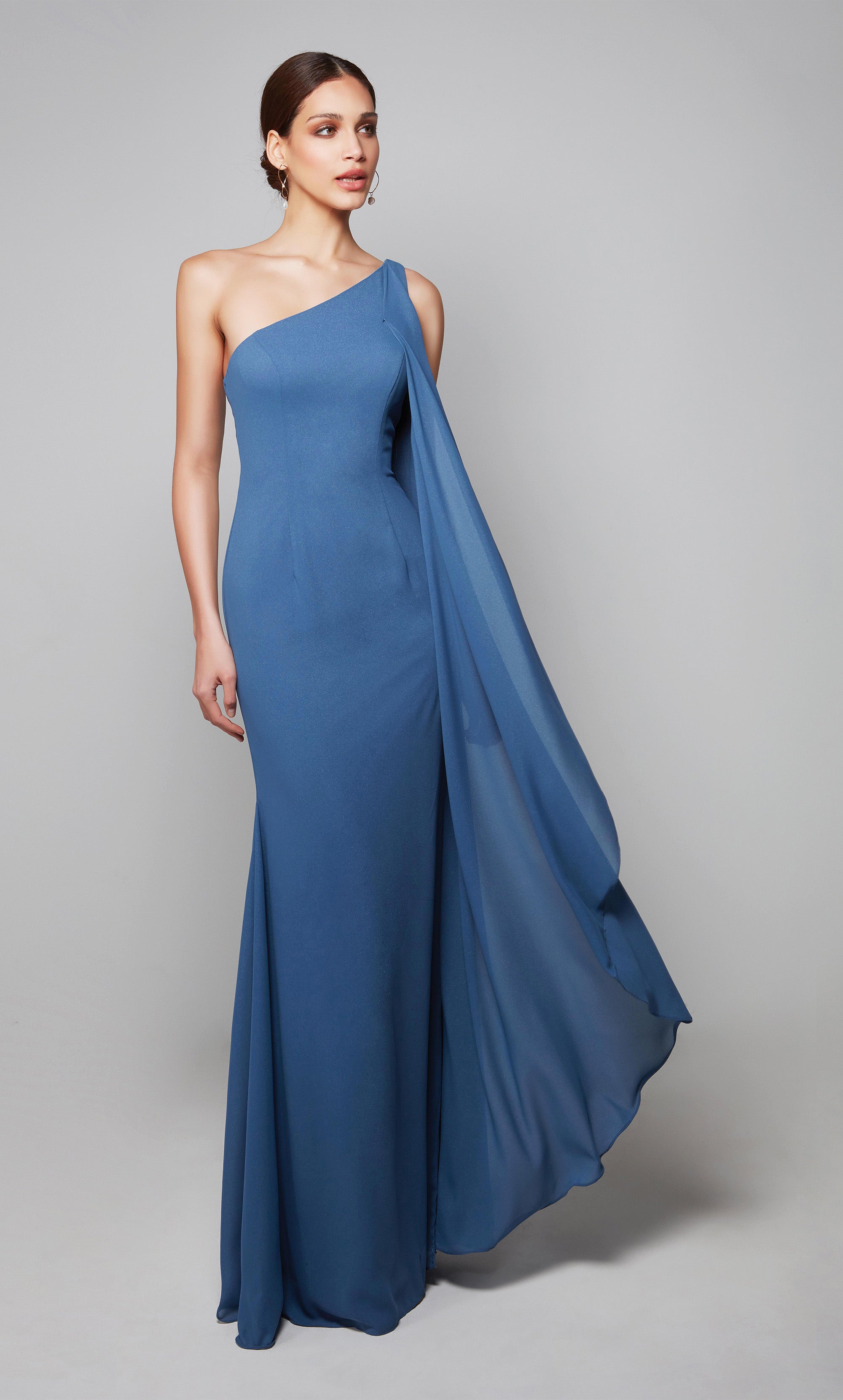 One shoulder mother of the bride dress with a wrap hem cape in blue. Color-SWATCH_27603__DARK-FRENCH-BLUE