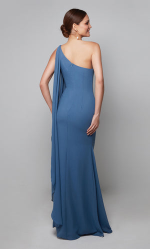 One shoulder cape dress with a closed back in blue.