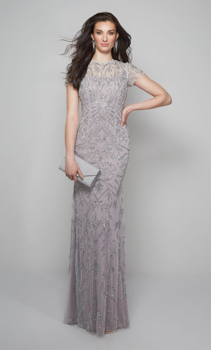 Beaded evening gown with an illusion neckline and short sleeves in lilac. Color-SWATCH_27607__SILVER-LILAC
