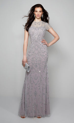 Beaded evening gown with an illusion neckline and short sleeves in lilac.