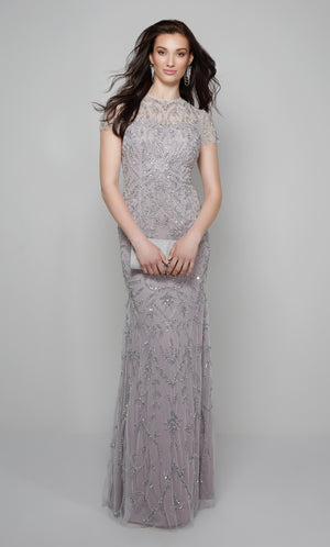 Beaded formal dress with an illusion neckline and short sleeves in lilac.