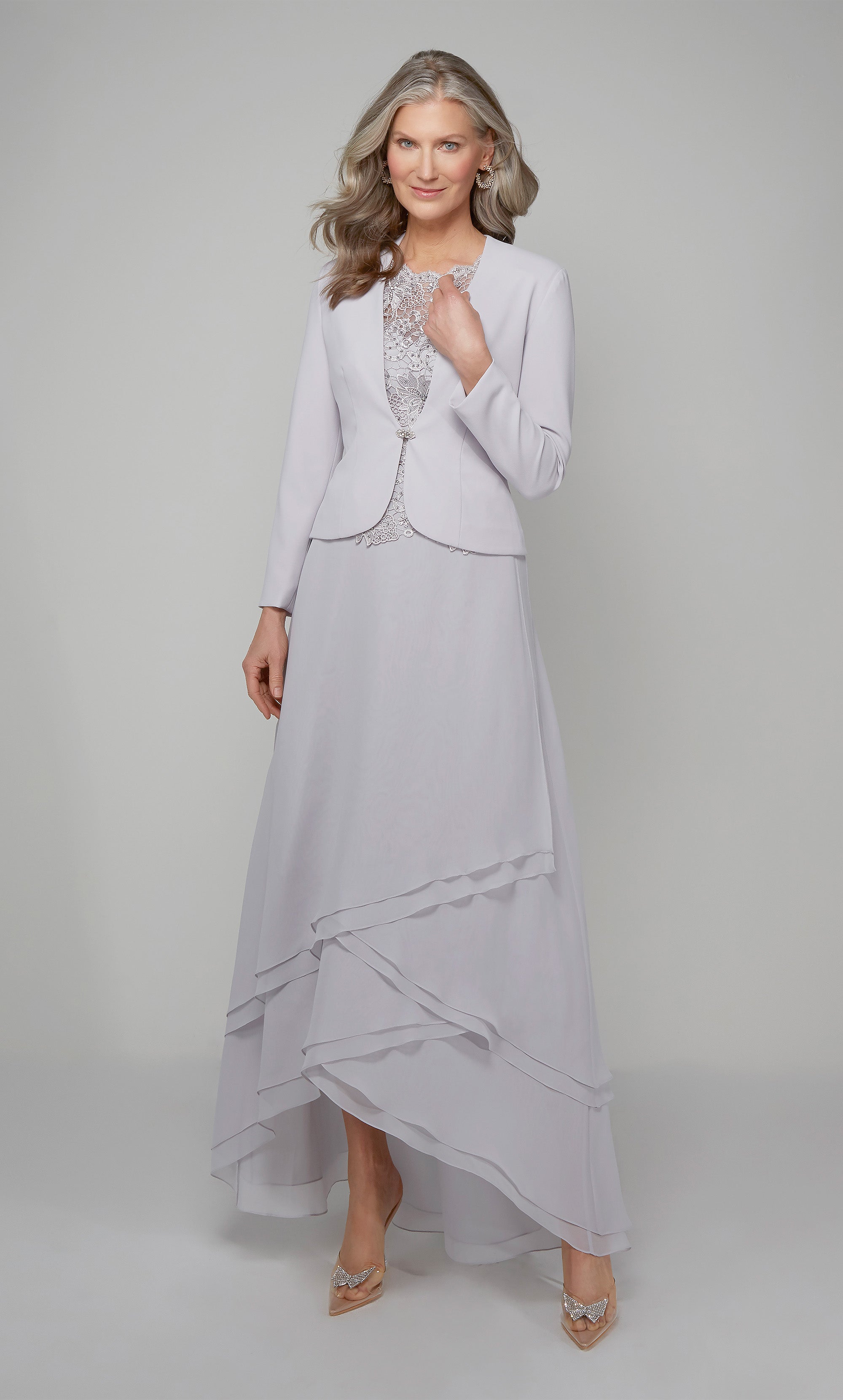 Chiffon mother of the bride dress with jacket in silver. Color-SWATCH_27608__STERLING