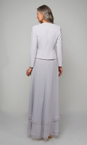 Chiffon mother of the bride dress with jacket in silver.