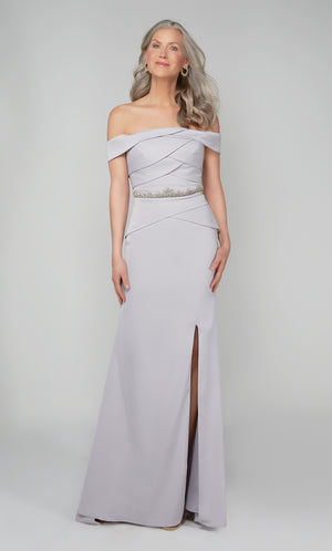 Silver off the shoulder evening gown with beaded waist and side slit. Color-SWATCH_27610__STERLING