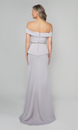 Silver off the shoulder evening gown with a zip up back, beaded waist, and train.
