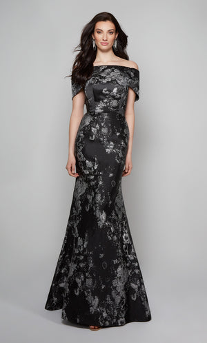 Off the shoulder jacquard gown with a fit and flare silhouette in black-silver. Color-SWATCH_27622__BLACK-SILVER