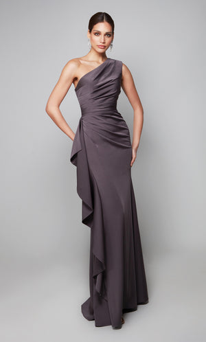 Long one shoulder side ruffle dress in charcoal color.