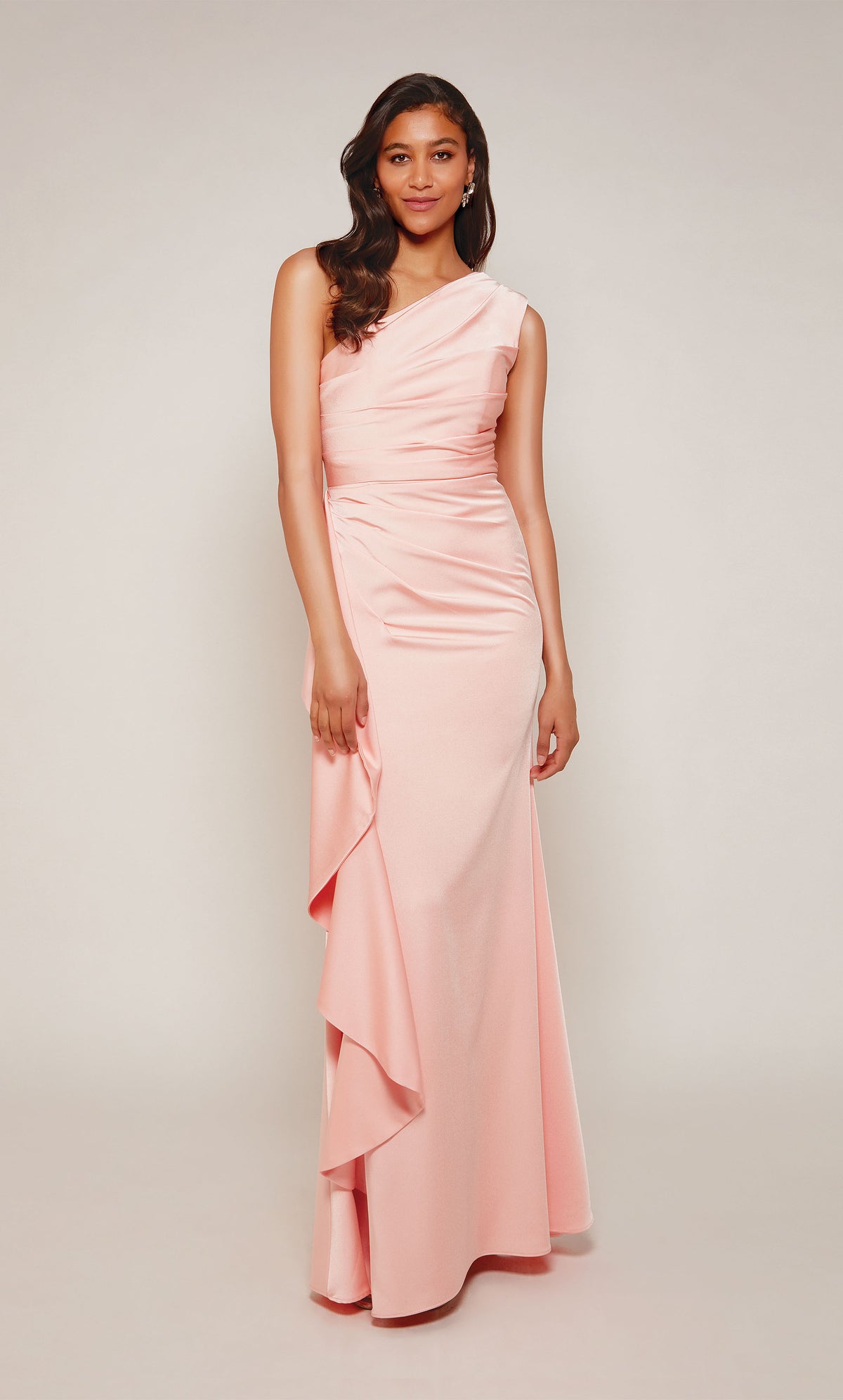 Long stretch crepe, one shoulder ruffle dress with ruching detail in charcoal color. Color-SWATCH_27624__LIGHT-CORAL