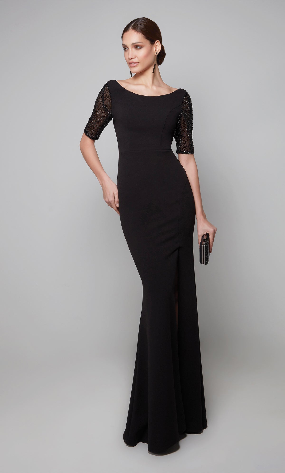 Chic black formal dress with a scoop neck, embellished sleeves, and side slit. Color-SWATCH_27628__BLACK
