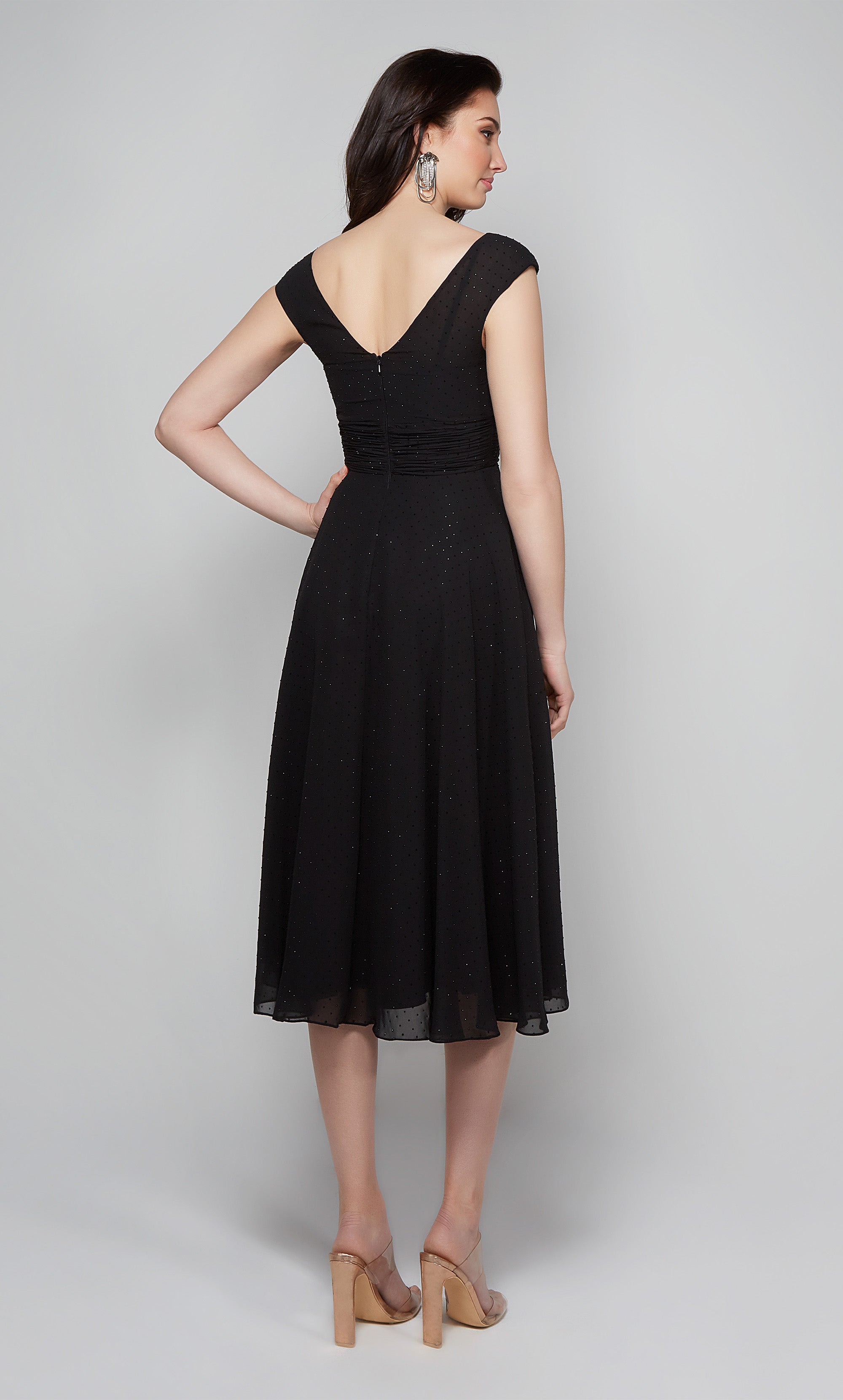 Black chiffon midi dress with cap sleeves and an A-line skirt. Color-SWATCH_27629__BLACK