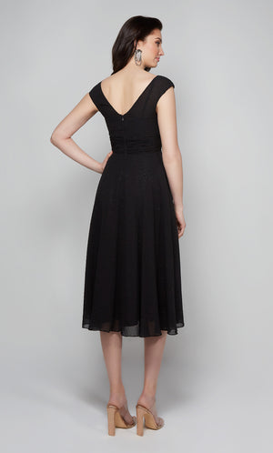 Black chiffon midi dress with cap sleeves, a V back, and an A-line skirt.