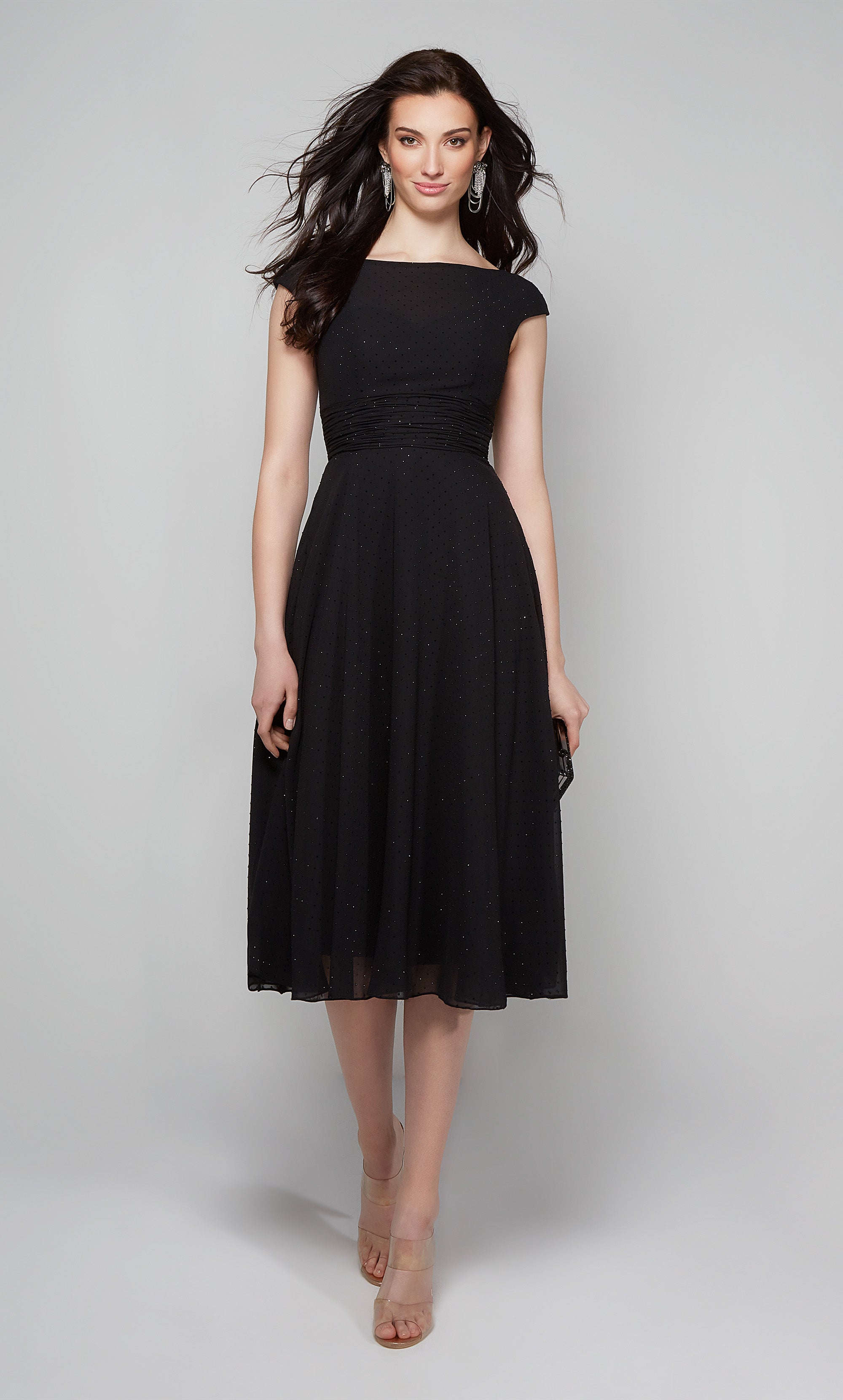 Simple black cocktail dress with rhinestones and simple mid-long sleeves