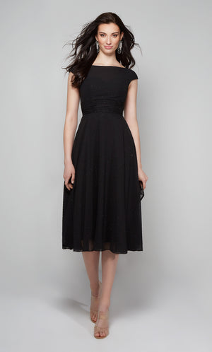 Black chiffon cocktail dress with cap sleeves and an A-line skirt.