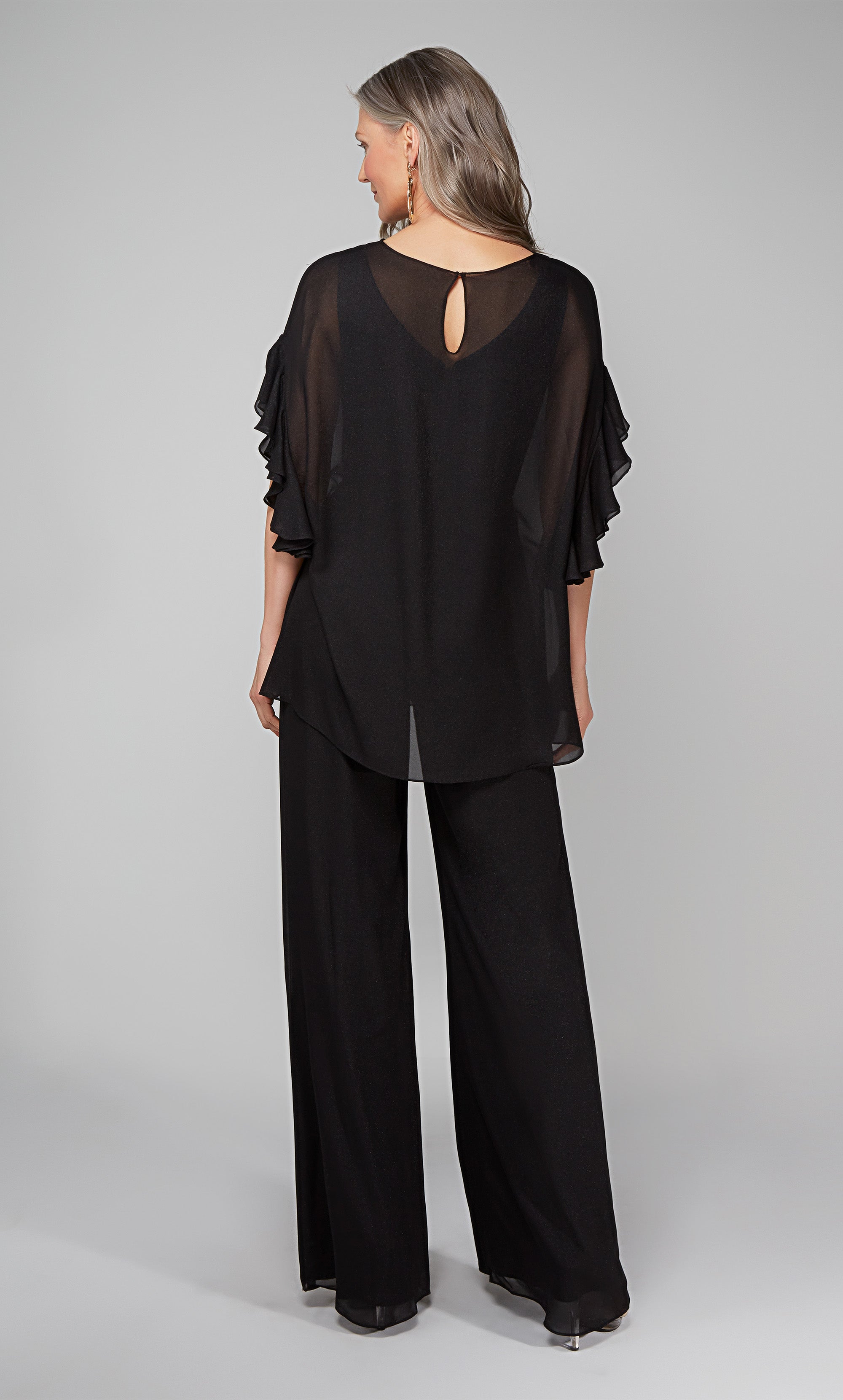 Black formal jumpsuit with ruffle sleeve, sheer cover up. Color-SWATCH_27633__BLACK