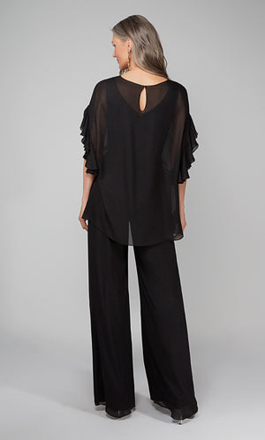 Black formal jumpsuit with ruffle sleeve, sheer cover up featuring a keyhole back.