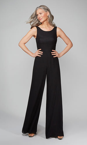 Sleeveless black formal jumpsuit with a scoop neckline.