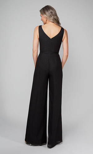 Sleeveless black formal jumpsuit with a V shaped back.