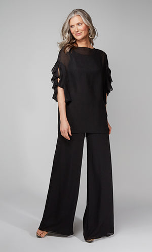 Black formal jumpsuit with ruffle sleeve, sheer cover up.