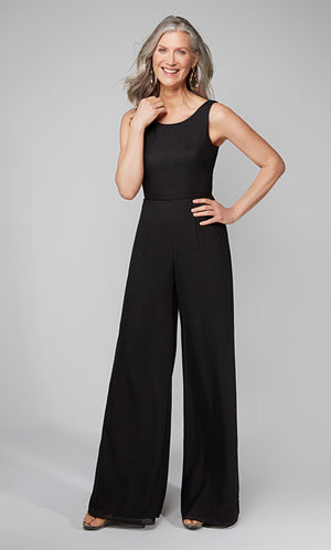 Sleeveless black formal jumpsuit with a scoop neckline.