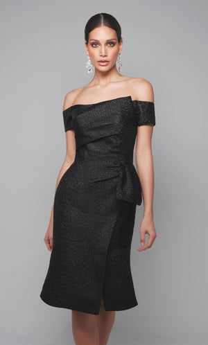 Off the shoulder jacquard midi dress with side slit in black. Color-SWATCH_27638__BLACK