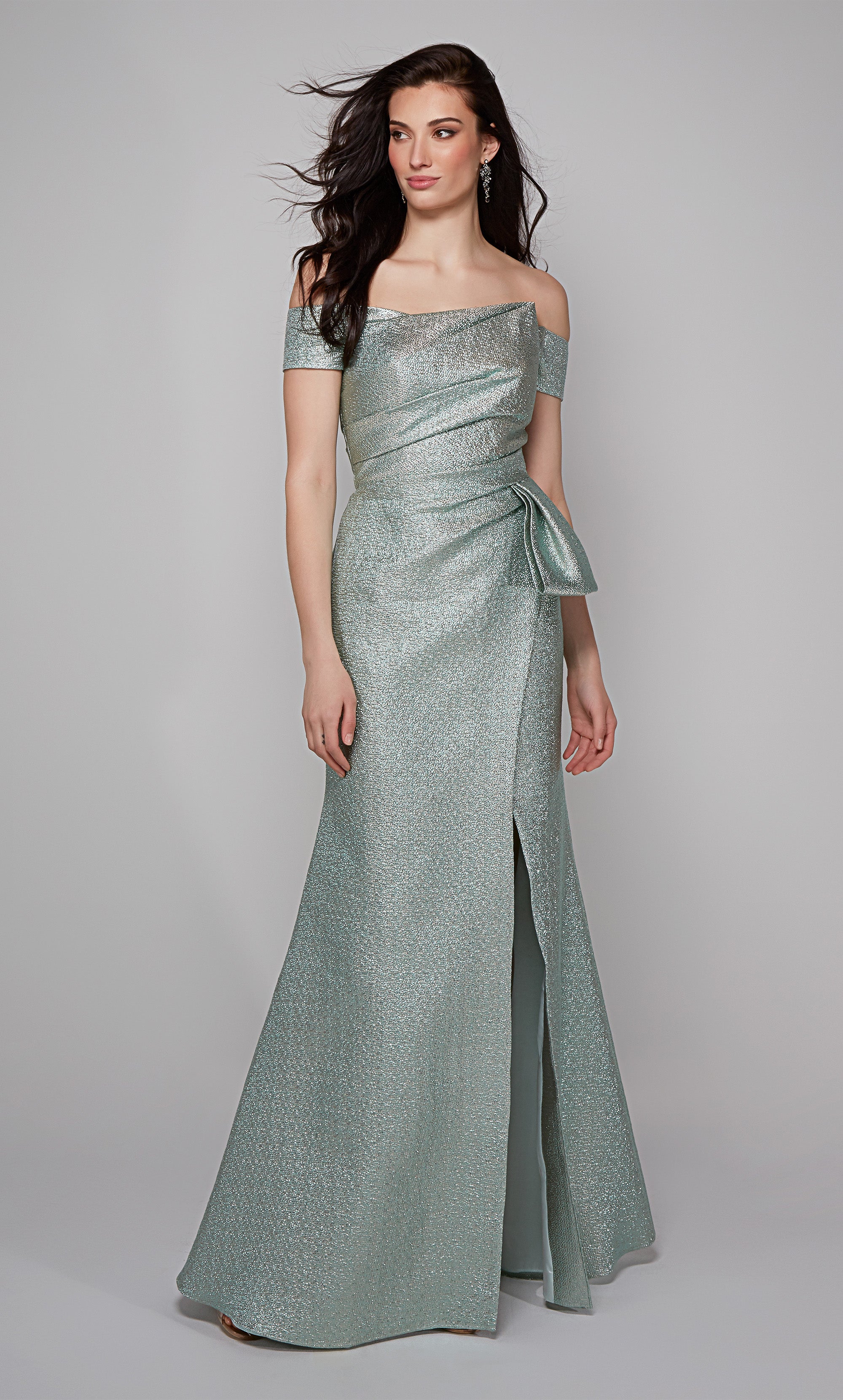 Metallic off the shoulder gala dress with pleated bodice and side slit in light green. Color-SWATCH_27639__CELADON