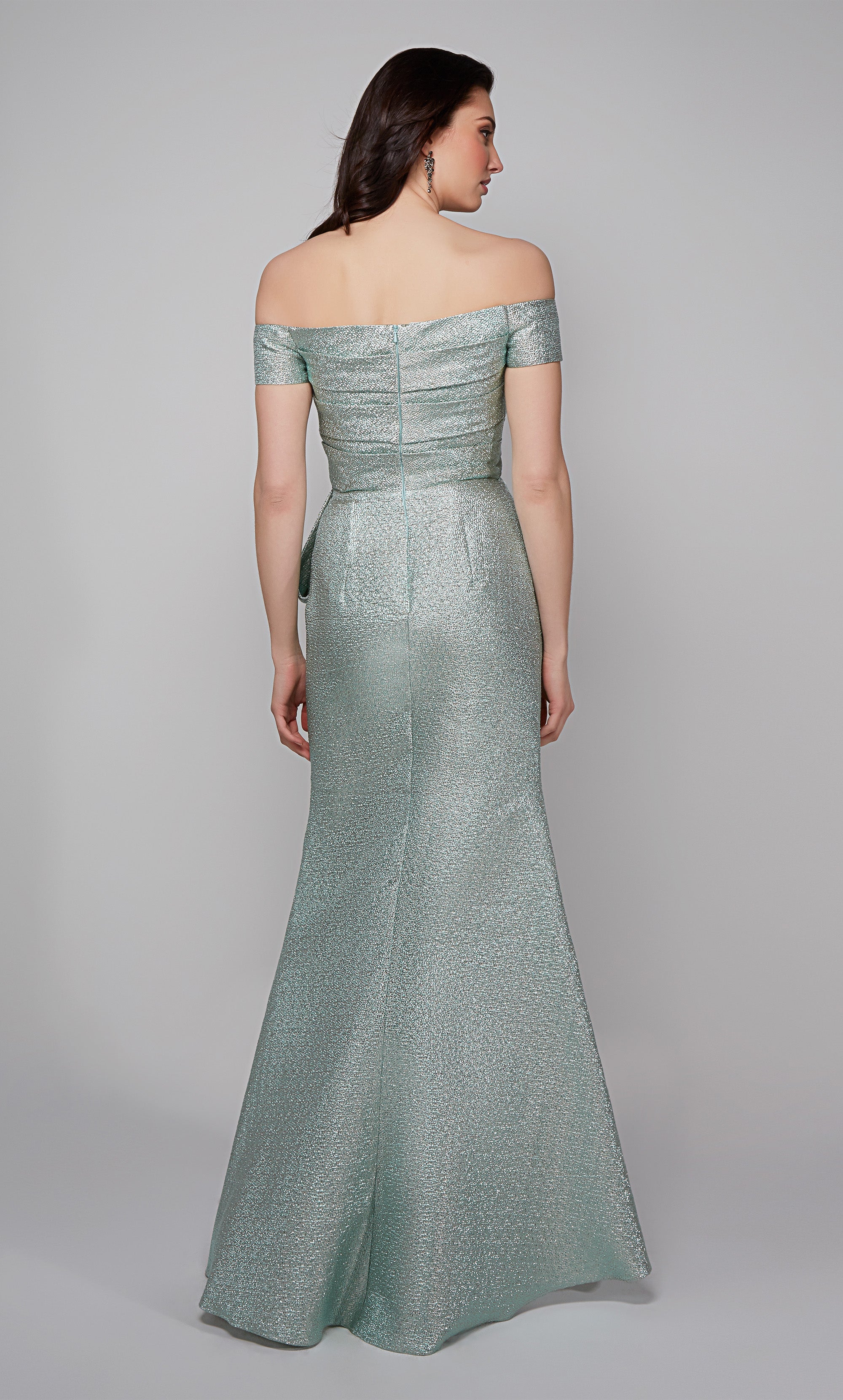 Metallic off the shoulder gala dress with pleated bodice and side slit in light green. Color-SWATCH_27639__CELADON