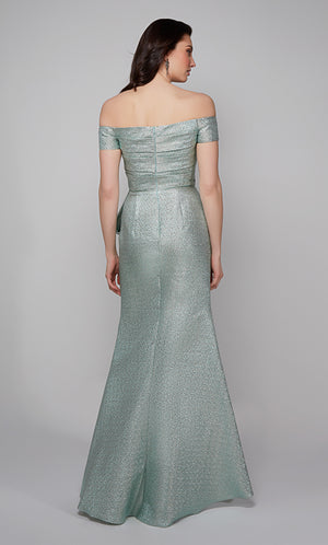 Metallic off the shoulder formal dress with pleated bodice and zip up back in light green.