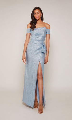 Metallic Jacquard, off the shoulder black tie gown with pleated bodice and side slit in french blue. Color-SWATCH_27639__FRENCH-BLUE