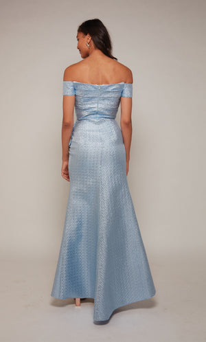 Off the shoulder metallic formal dress with pleated bodice and zip up back in french blue.