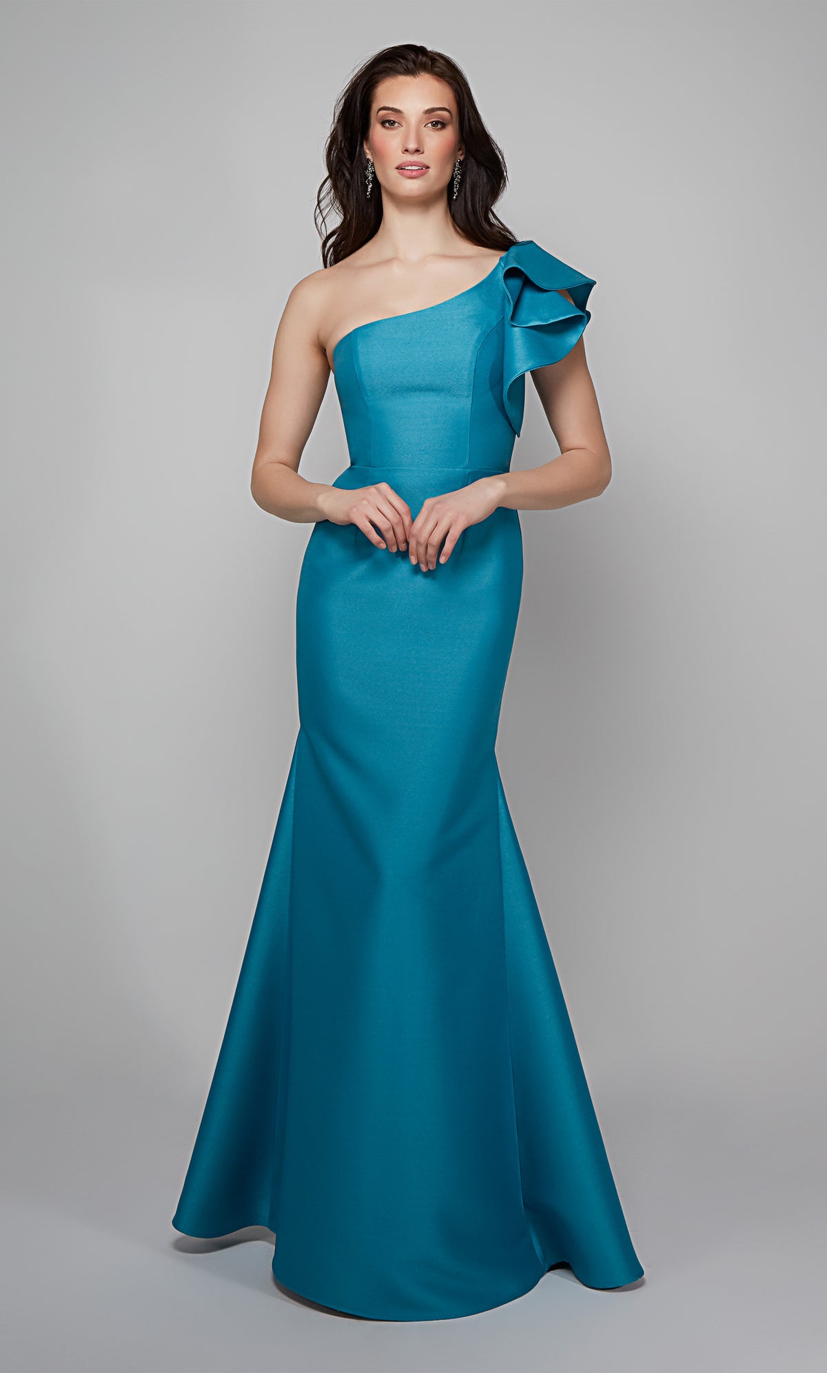Fit and flare one shoulder ruffle dress in sea green. Color-SWATCH_27641__SEA-GREEN