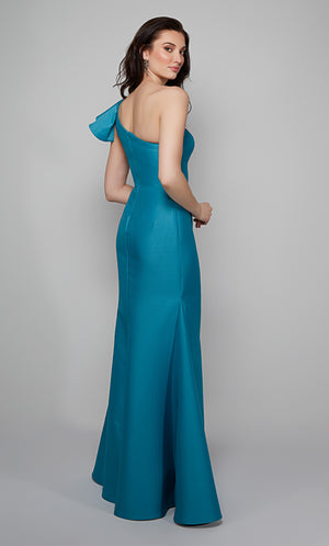 Fit and flare one shoulder ruffle dress with a zip up back style in sea green.